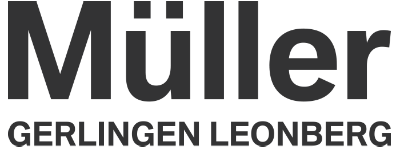 Das Wort-Logo vom BMW Autohaus Müller. In der ersten Zeile steht in schwarzen Druckbuchstaben Müller und in der zweiten Zeile steht etwas kleiner, in Großbuchstaben Gerlingen Leonberg.